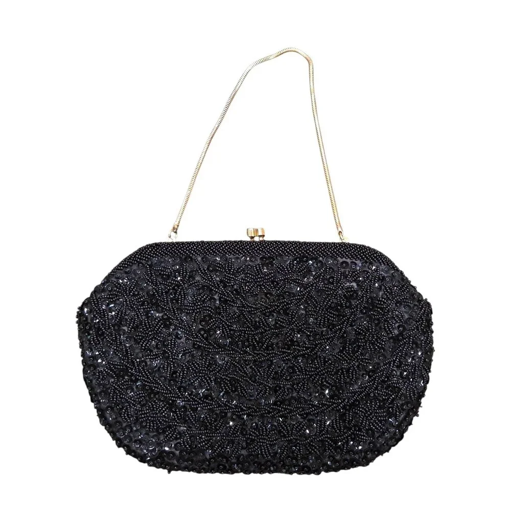 Vintage 50s/60s Whiting & Davis Black Beaded Evening Clutch